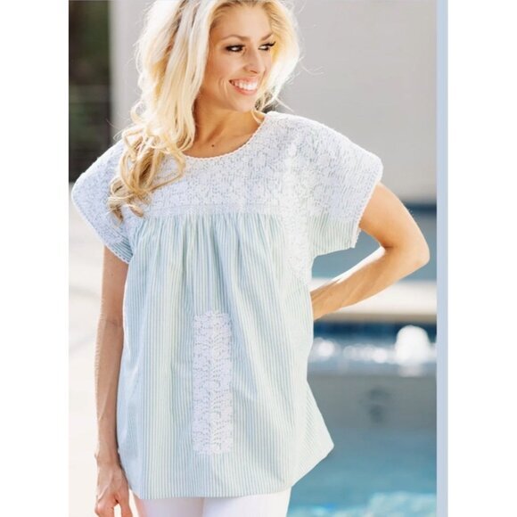 J.MARIE Paxton Embroidered Top Babydoll Green Pinstriped Boho Cruise Beach XS - Picture 1 of 5
